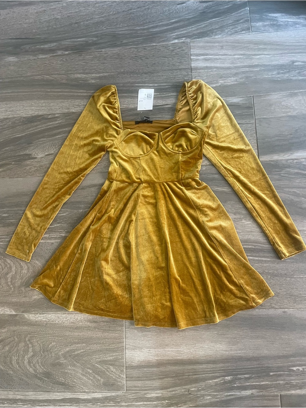 Forever 21 Mustard Gold Velvet Long-Sleeve Babydoll Dress